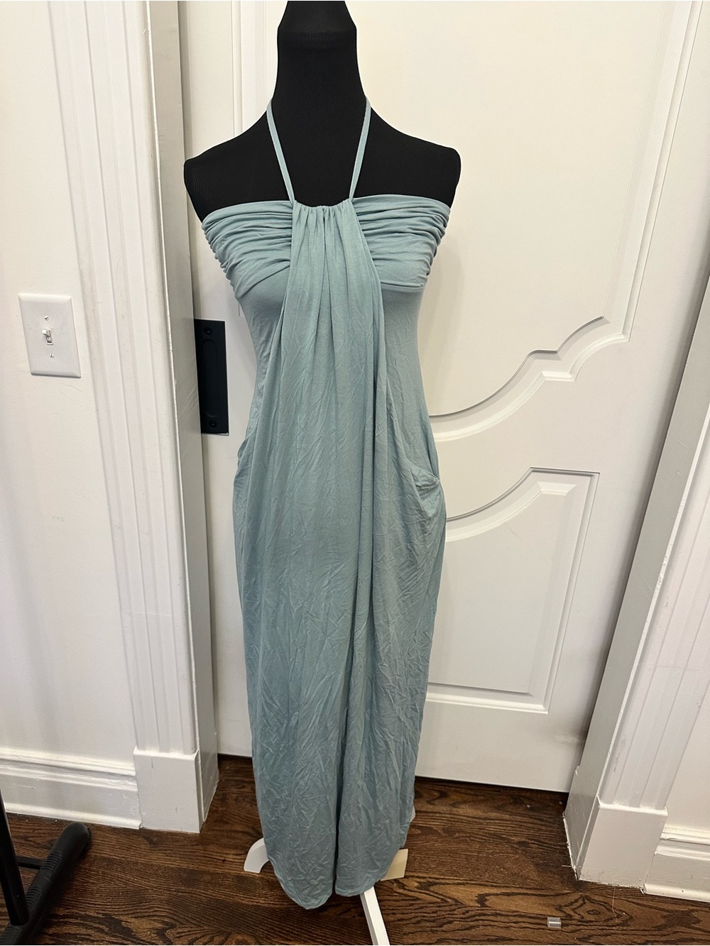 Halara Halter Tie Back Maxi Dress Pockets Grecian Draped NEW